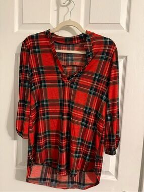 Red Plaid Women's V-Neck Tunic Top
